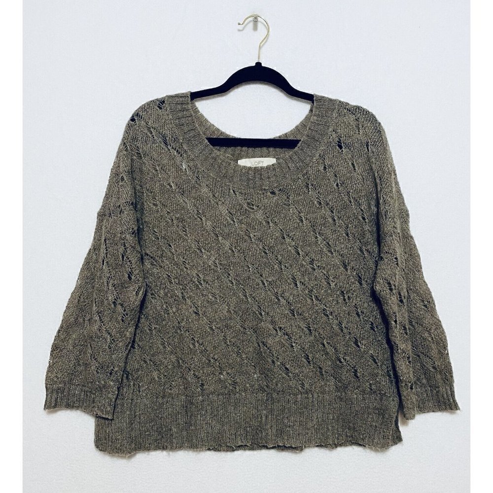 LOFT Womens Large Brown Open Knit Pullover Sweater 3/4 Sleeve Cottagecore Mohair